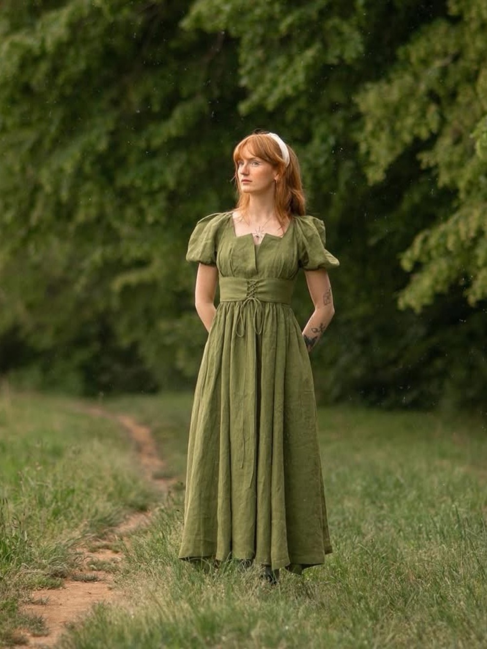 Linennaive NWT Julia 35 Lace Up Linen Maxi Dress Green Grass 2XL Fairycore